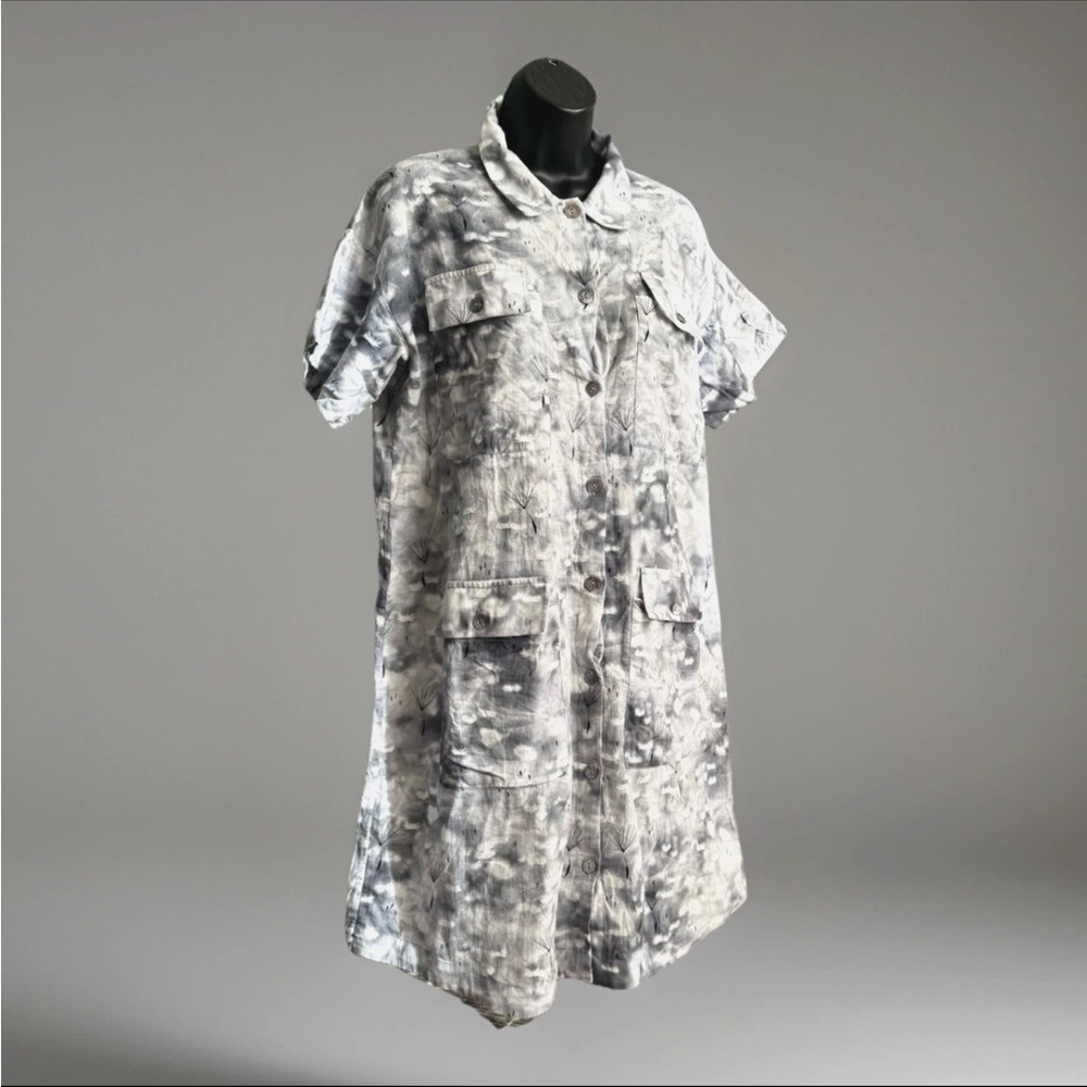 Bitte Kai Rand Cotton Shirt Dress Gray Dandelion Print Utility Pockets Sz M EUC - Picture 2 of 12